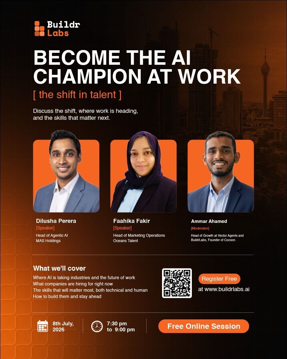 Promotional card for Buildr Labs' Become the AI Champion at Work session, with Dilusha Perera, Faahika Fakir and moderator Ammar Ahamed