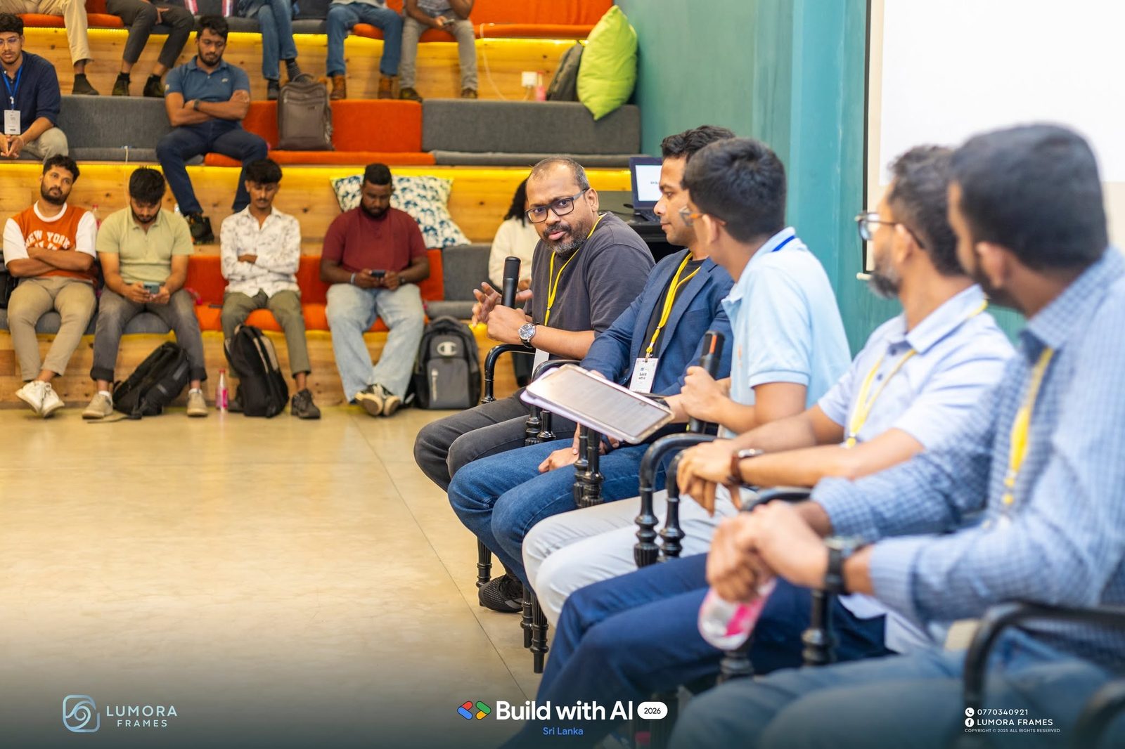 Panellists in discussion at Google Build with AI 2026, Hatch Works Colombo, where Ammar Ahamed closed the day on the panel