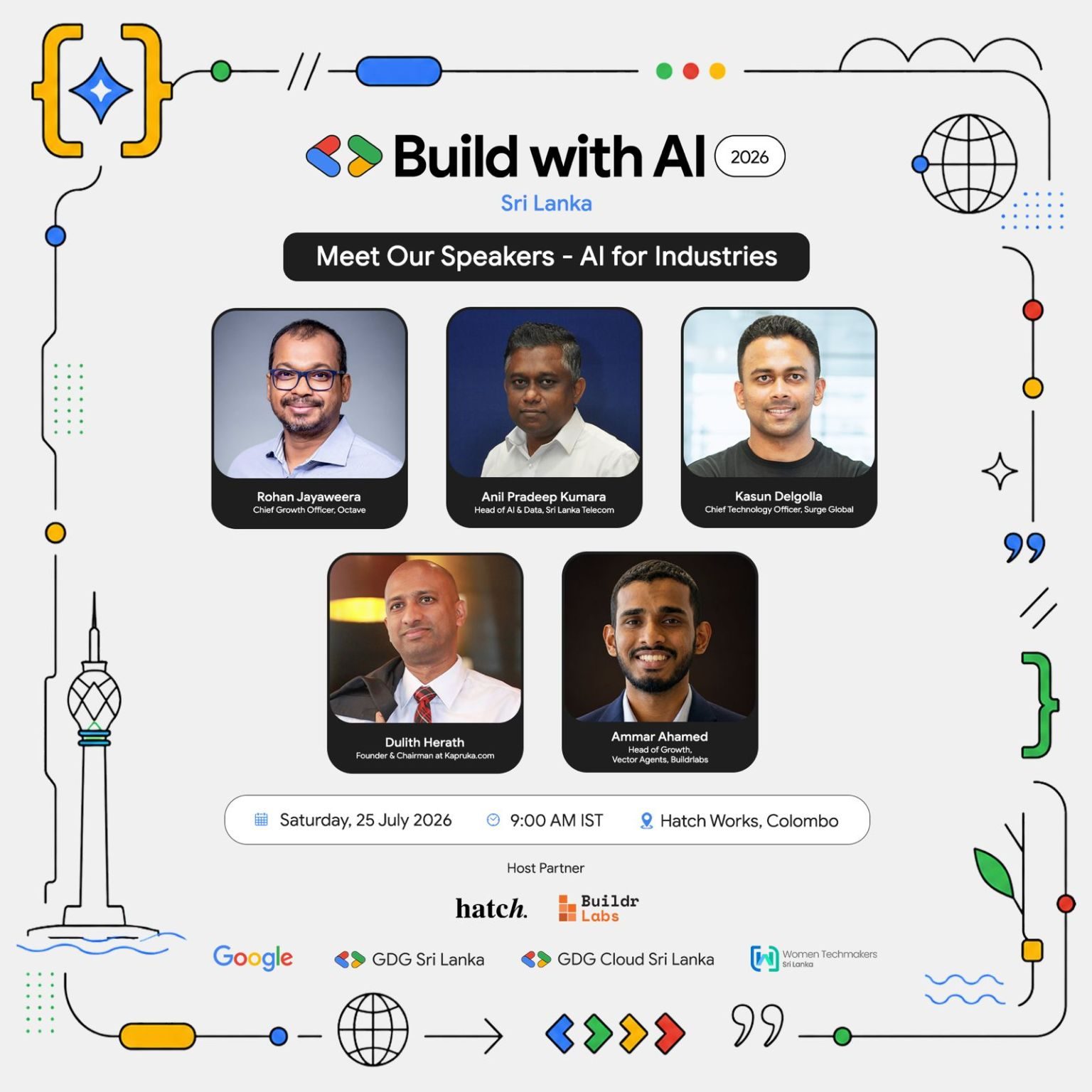Speaker line-up poster for AI for Industries at Google Build with AI 2026 Sri Lanka, listing Rohan Jayaweera, Anil Pradeep Kumara, Kasun Delgolla, Dulith Herath and Ammar Ahamed