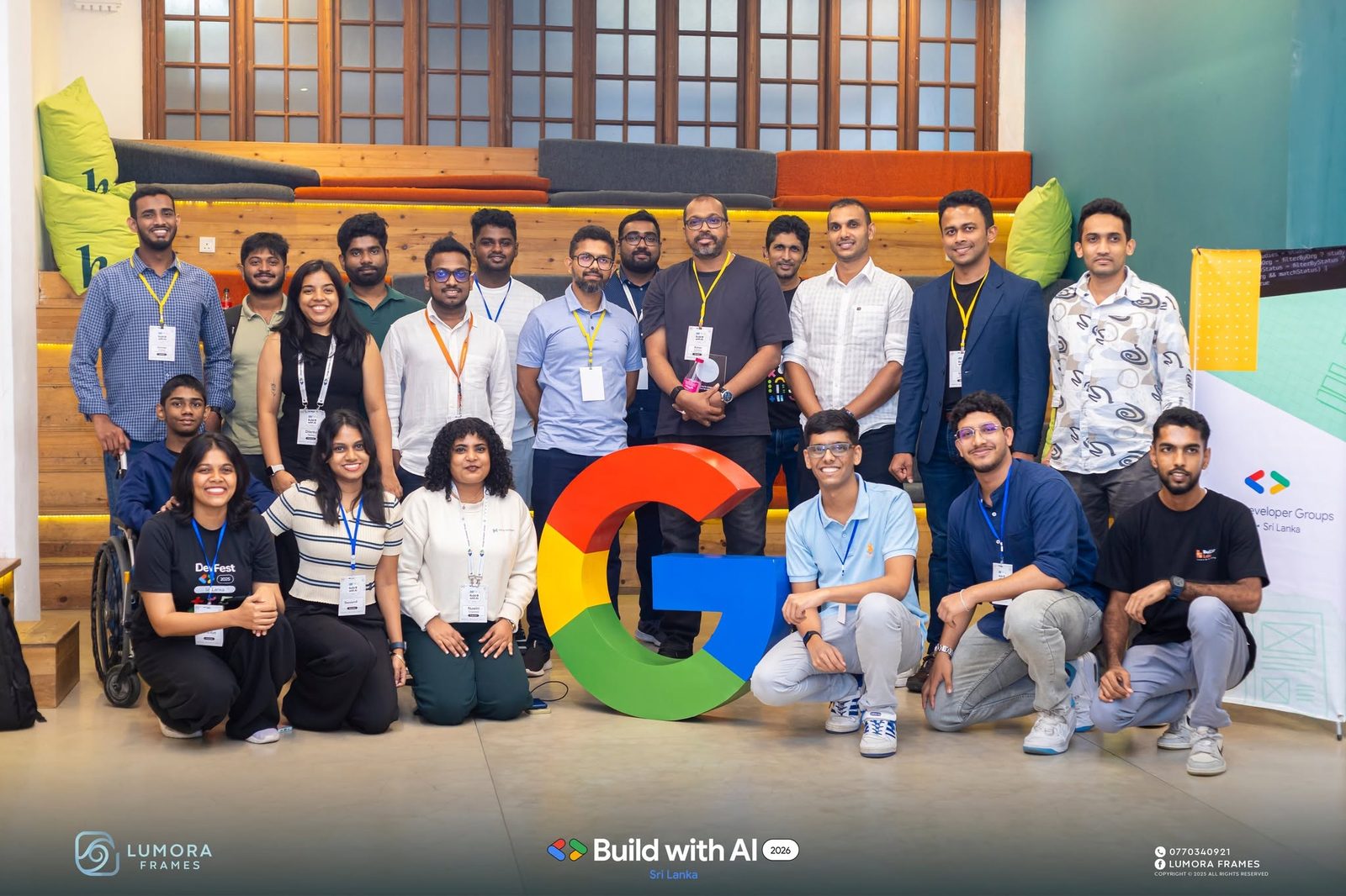 Speakers and organisers of Google Build with AI 2026 around the Google logo at Hatch Works Colombo, where Ammar Ahamed spoke on AI for Industries