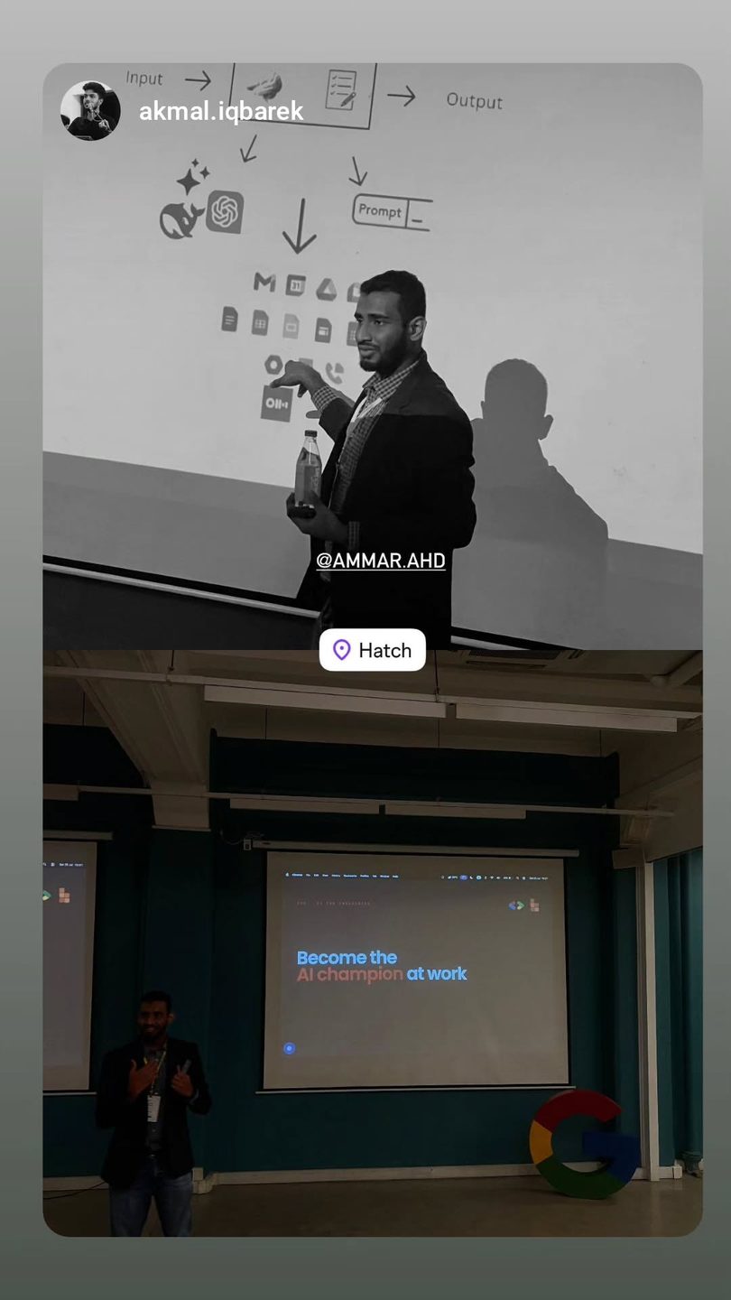 Instagram story of Ammar Ahamed presenting Become the AI Champion at Work at Google Build with AI 2026, Hatch Works Colombo