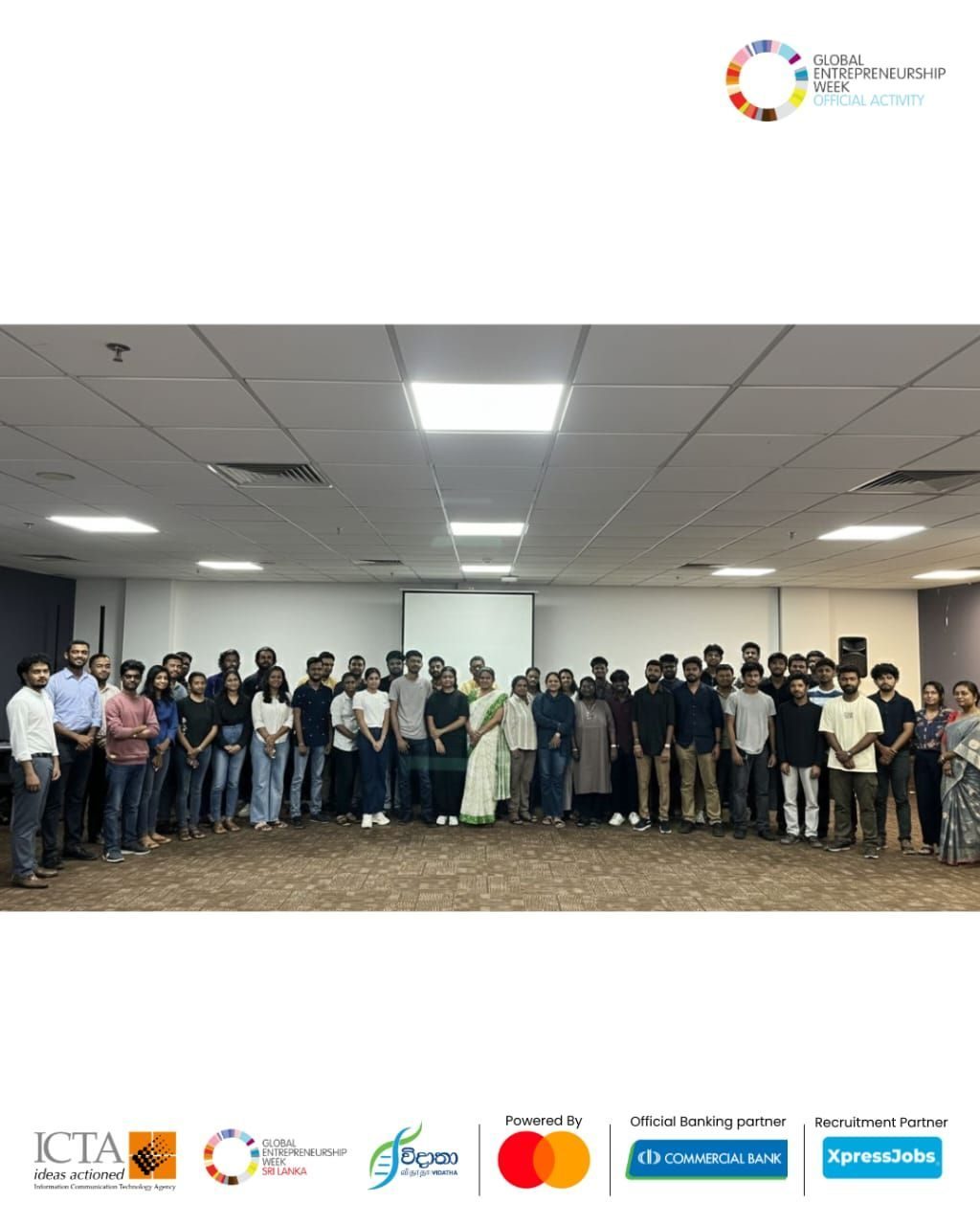 Group photo of attendees at ICTA's Global Entrepreneurship Week in Sri Lanka, where Ammar Ahamed spoke