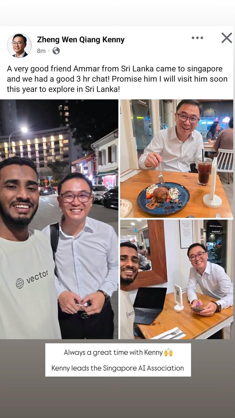 Facebook post by Kenny Zheng Wen Qiang, who leads the Singapore AI Association, about meeting Ammar Ahamed in Singapore