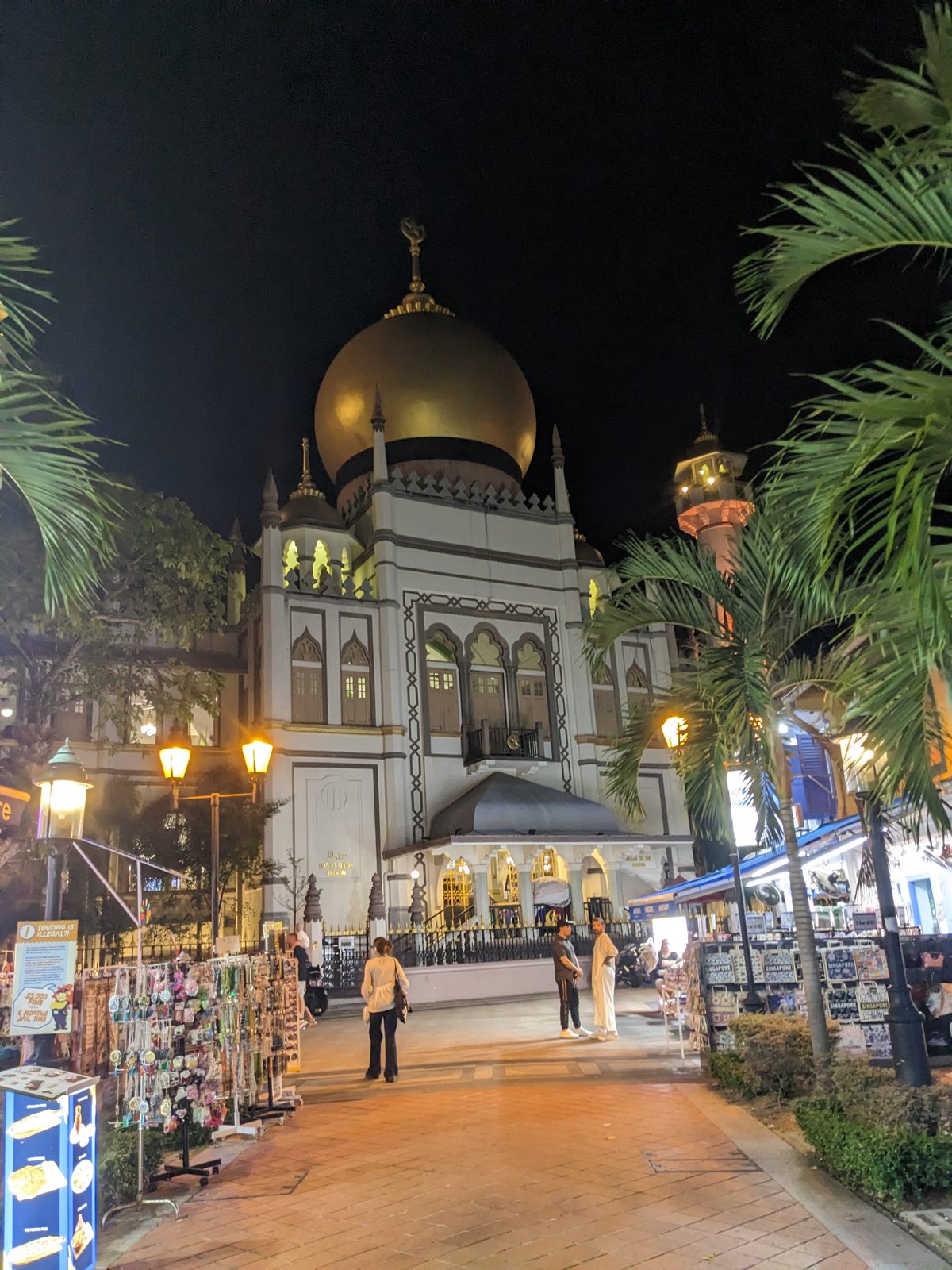 Sultan Mosque lit up at night on Kampong Glam, Singapore, on Ammar Ahamed's April 2026 trip